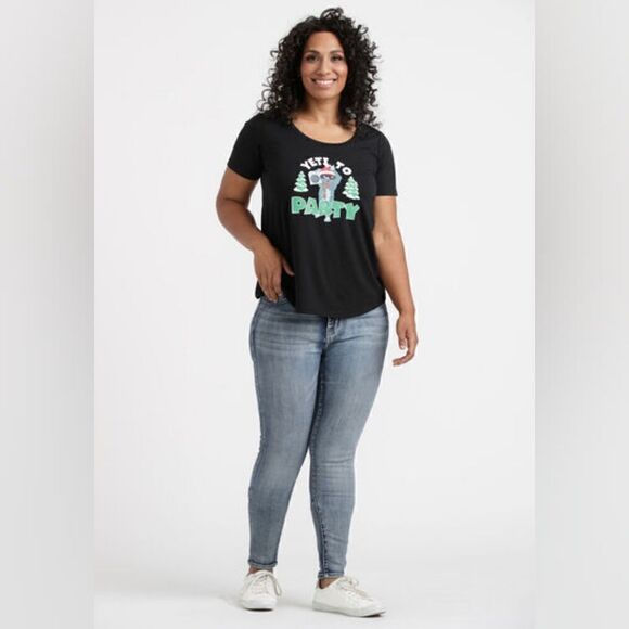 New With Tags Women's Black Yeti To Party Scoop Neck Short Sleeve Holiday Tee - Picture 2 of 8